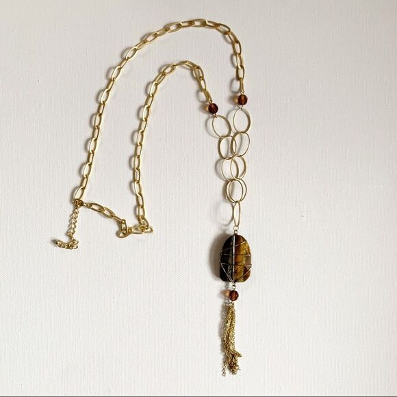 STATEMENT Tiger's Eye Stone Y Necklace - Picture 2 of 6